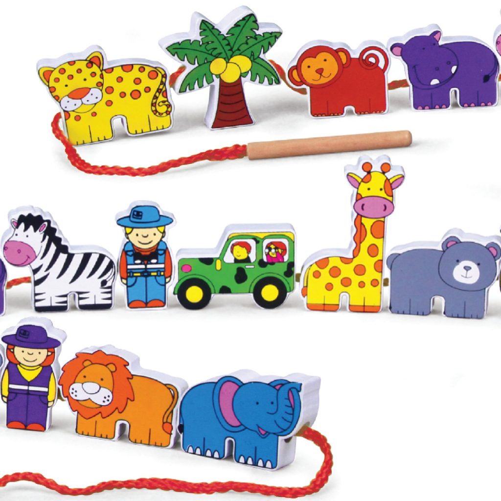 Lacing blocks (zoo) - 12pc in wooden box - Play2Learn